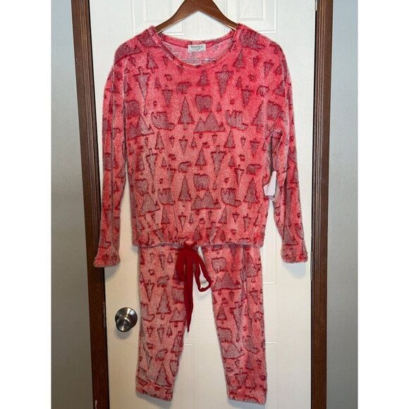 NWT Bearpaw Plush Knit Long Sleeve Tie Front Top & Joggers Pajama Set Red  Sz Lg - Picture 2 of 15